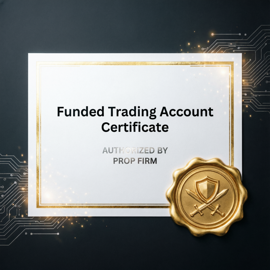Funded trading account certificate with premium gold seal representing achievement