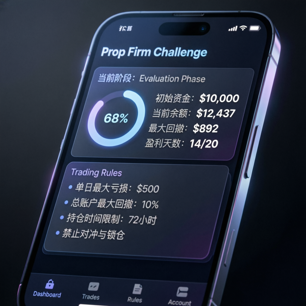 Mobile prop firm challenge app showing trading rules and account progress