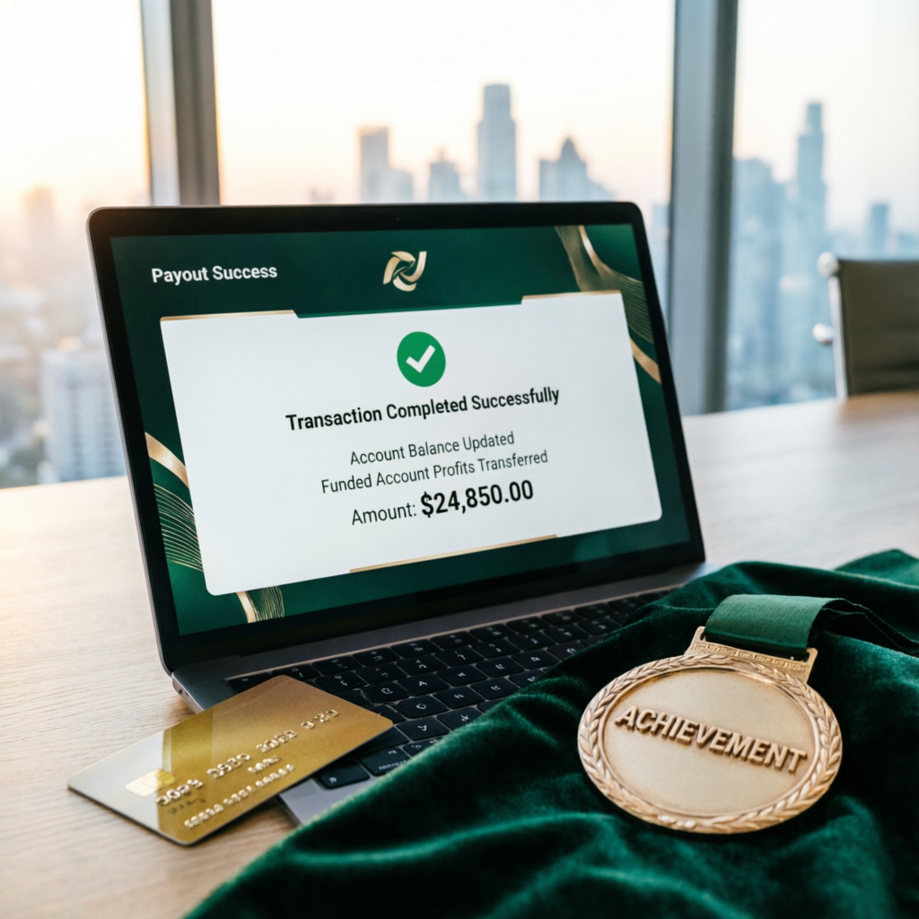 Payout success confirmation showing funded account profits transferred to trader