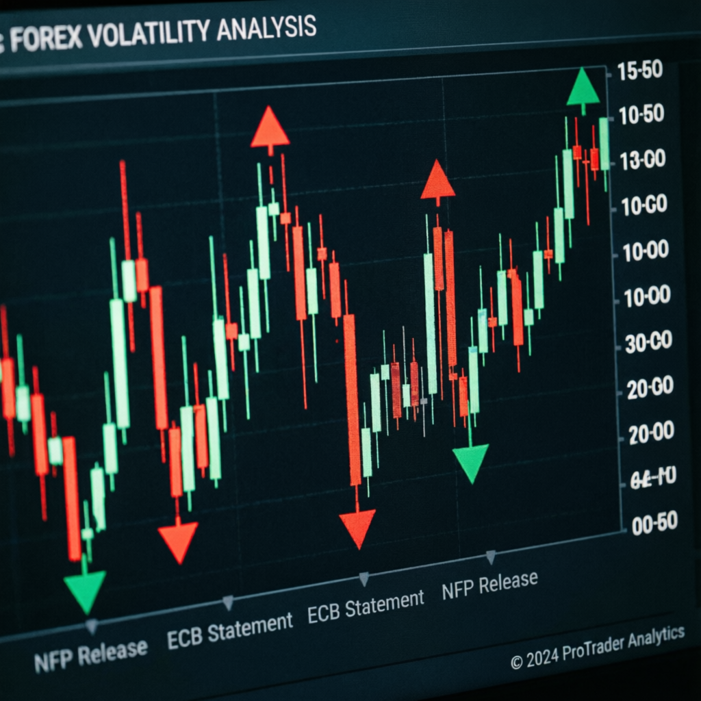 Forex volatility analysis chart showing price movements during NFP and ECB news events