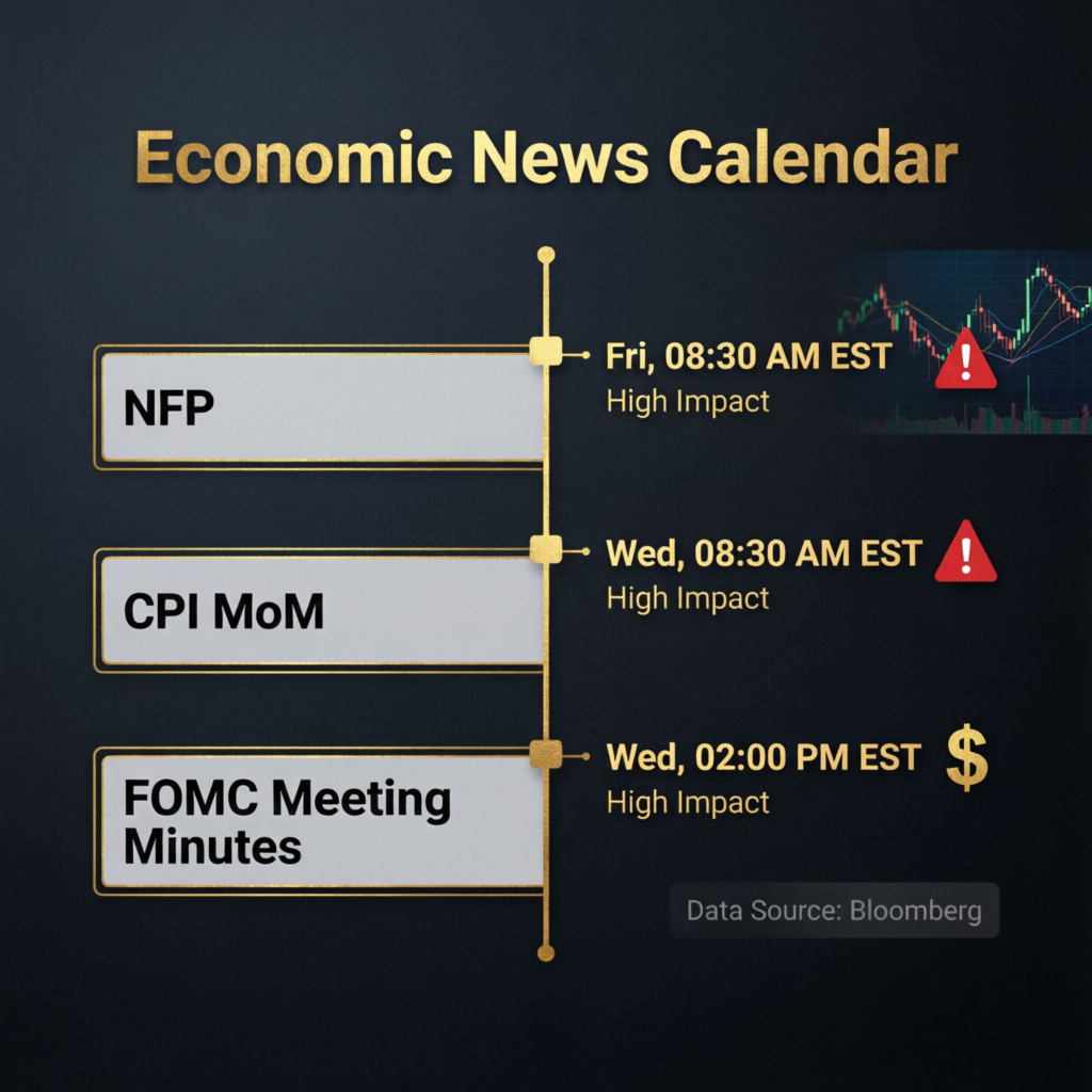 Economic news calendar showing NFP, CPI, and FOMC events with high impact indicators