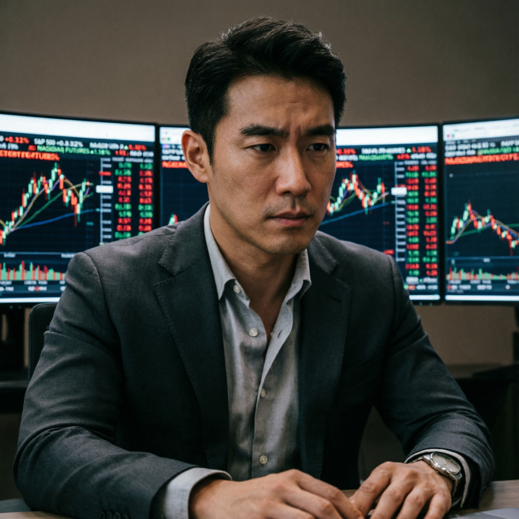 Professional prop trader with focused expression analyzing multiple trading screens