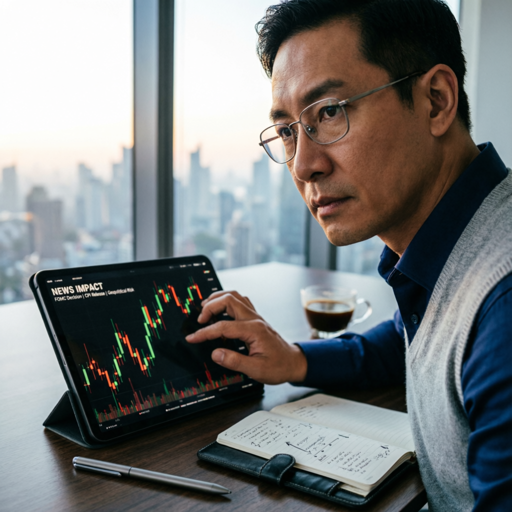 Professional trader analyzing news impact on gold chart with volatility analysis