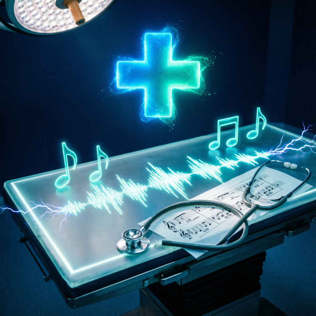 Doctor de Canciones - canción en mesa de operaciones con estetoscopio