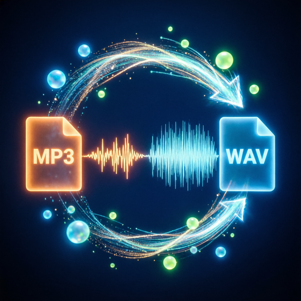 Convertir Formato - archivos MP3 y WAV con flechas de conversión