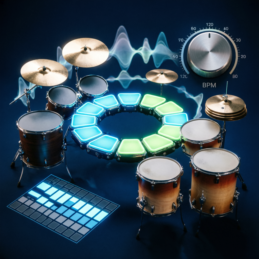 Groove Kit - batería con pads luminosos, dial de BPM y secuenciador de pasos