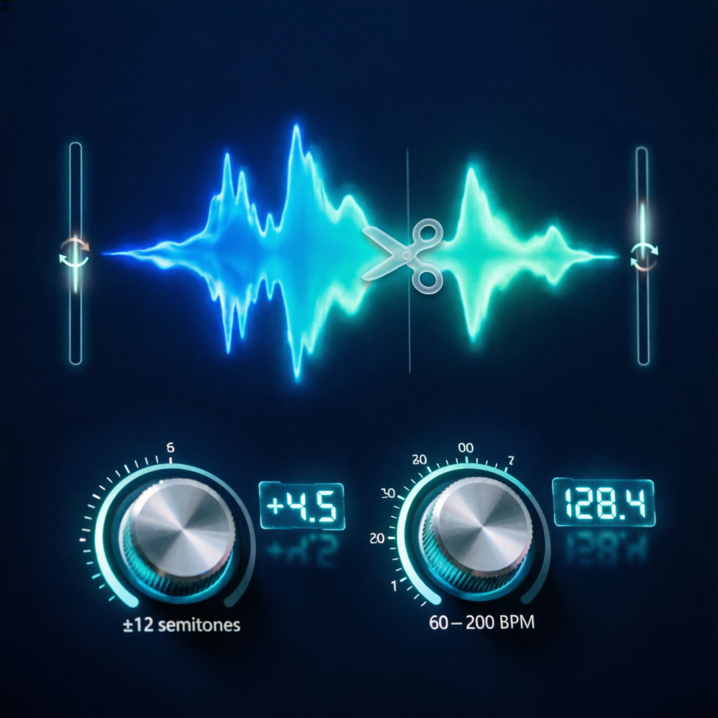 Editor de Audio - forma de onda con controles de tono y velocidad