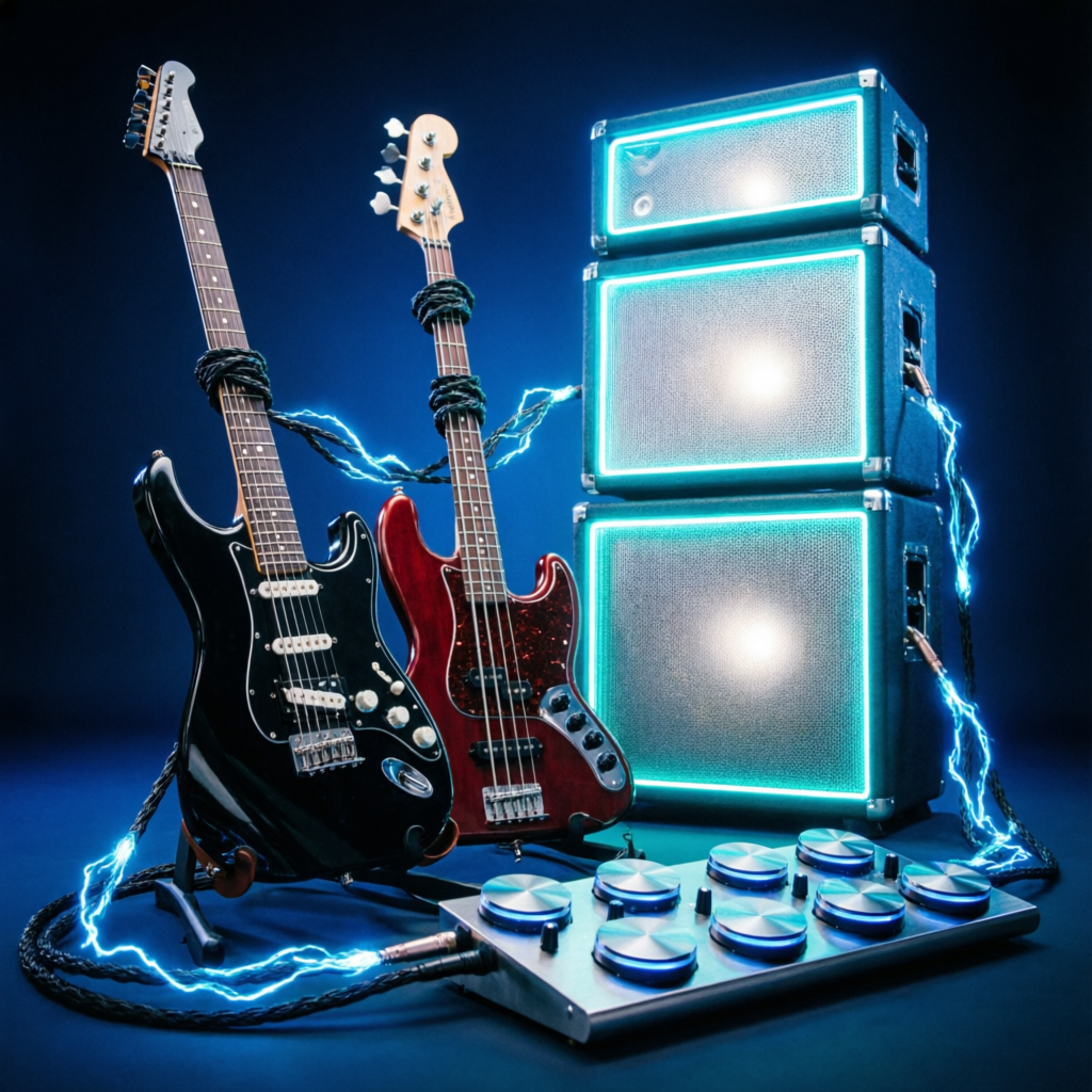 Cuerdas y Amplificadores - guitarras, bajo y stack de amplificación con señal luminosa