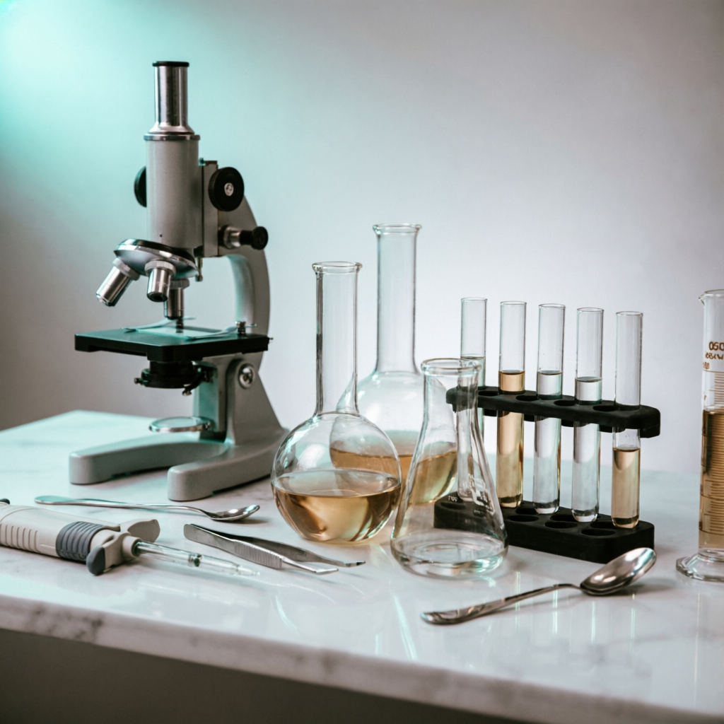 Laboratory solutions with microscope and glassware