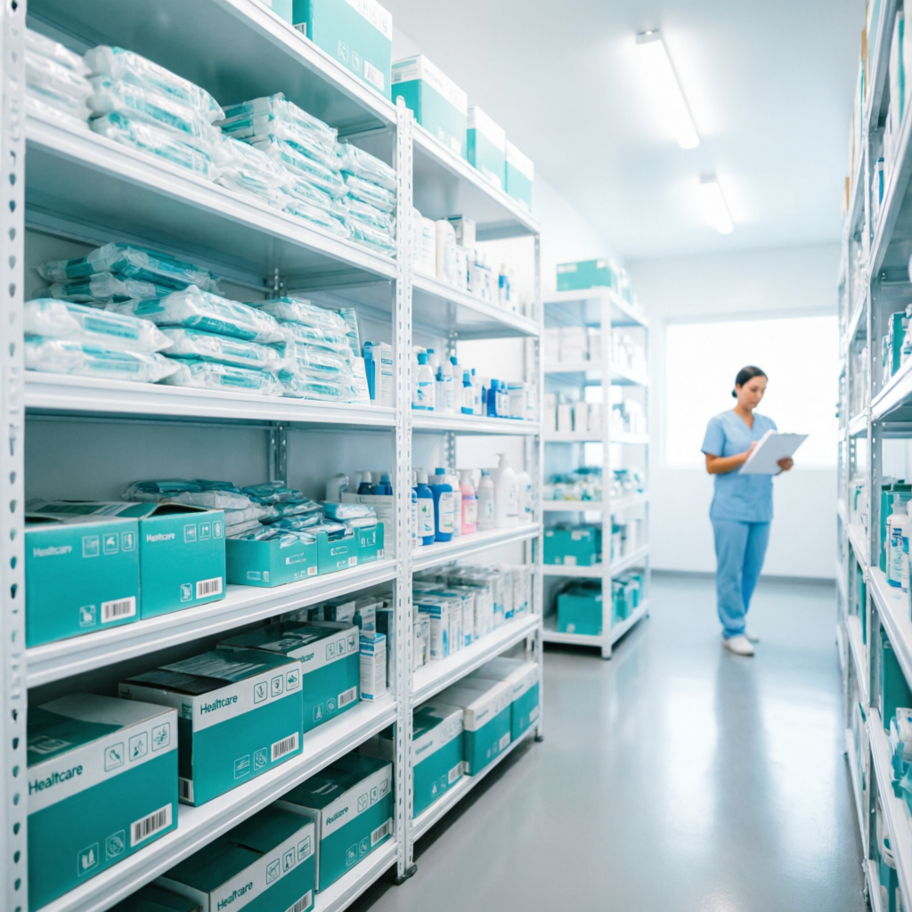 Healthcare warehouse with organized medical supplies