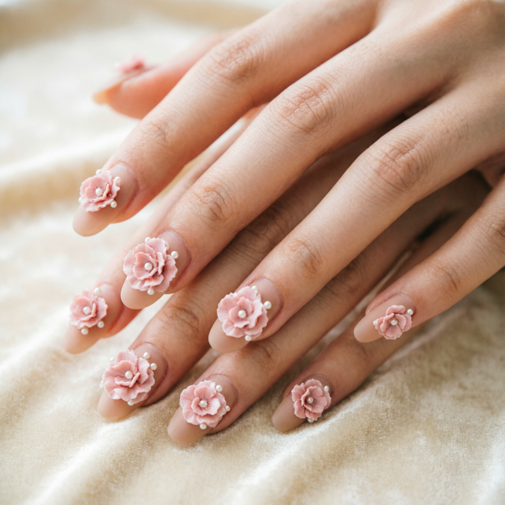 Uñas nude con flores esculturales 3D en rosa blush y microperlas.