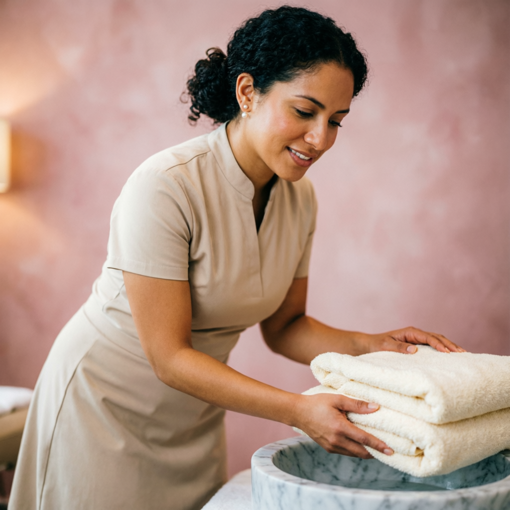 Retrato de Camila Reyes preparando toallas junto a la tina de pedicura spa.