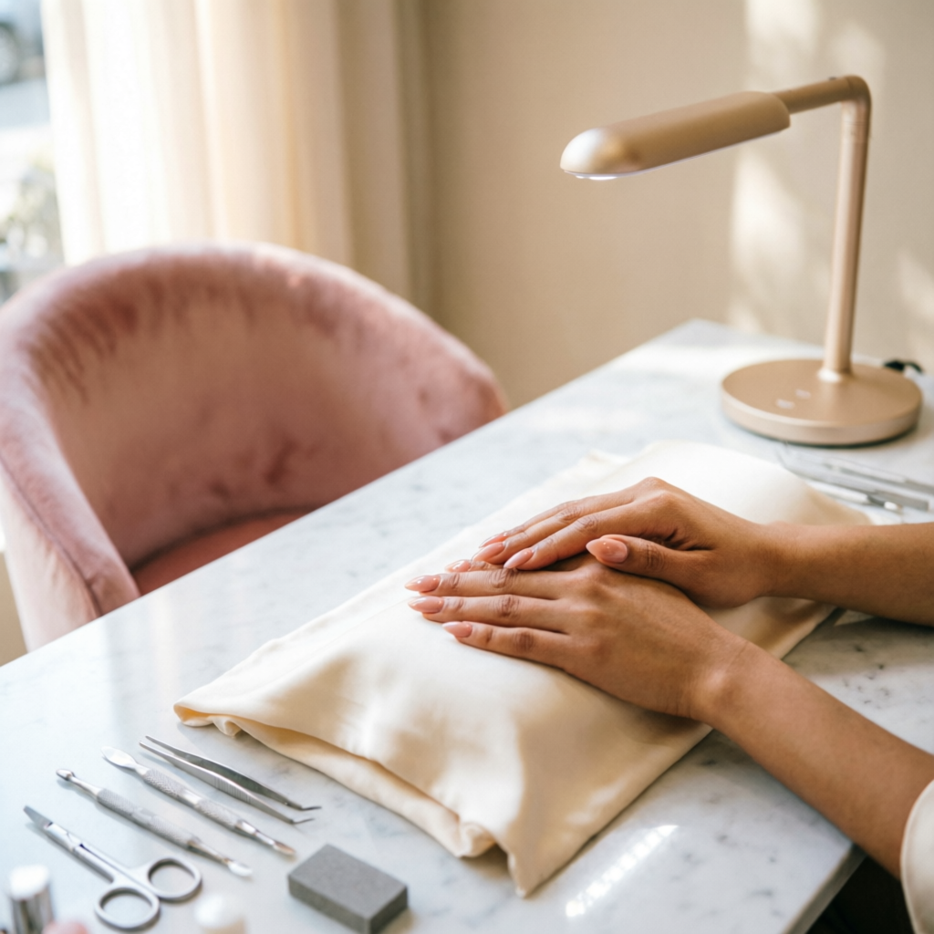Estación de manicura de Velvet & Glow: mesa de mármol, lámpara dorada y manos con manicura nude impecable.