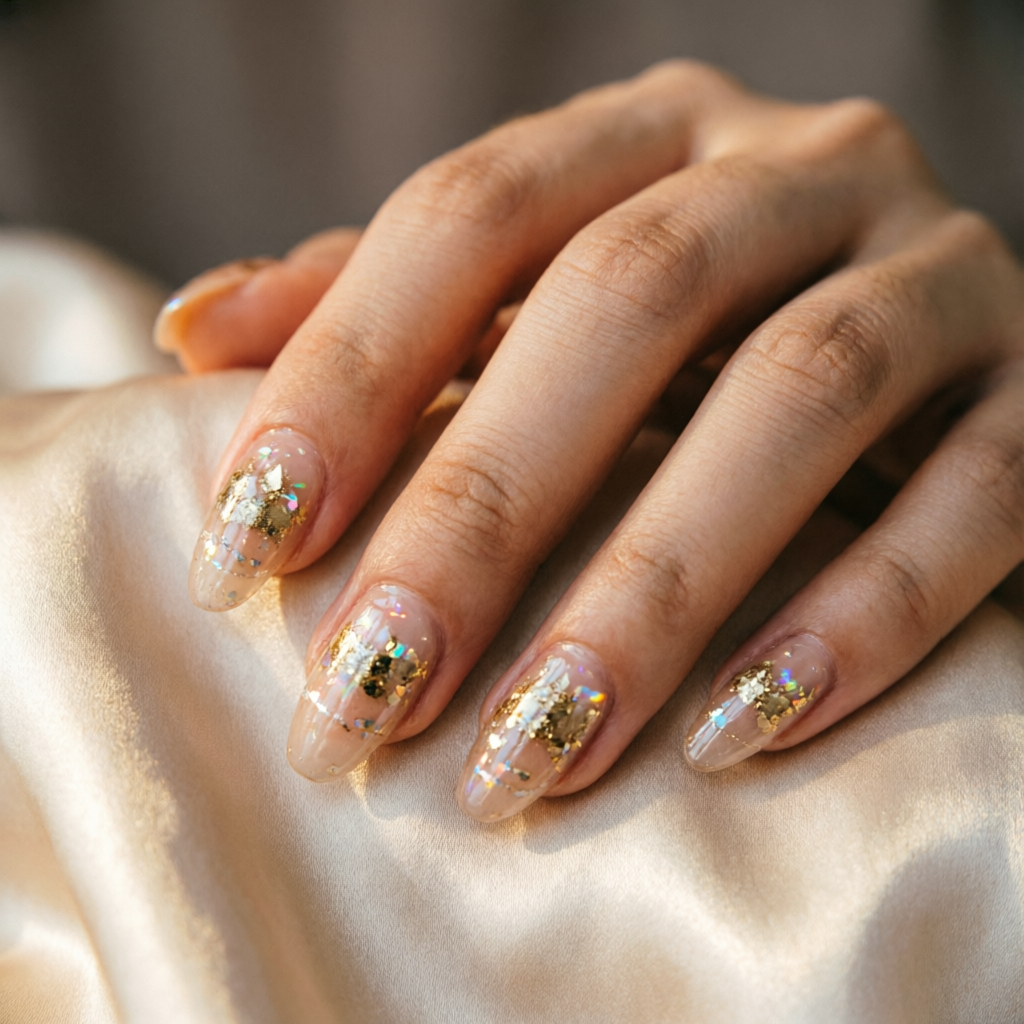 Uñas con chrome encapsulado: hojuelas doradas y glitter iridiscente dentro de gel cristal sobre base nude.