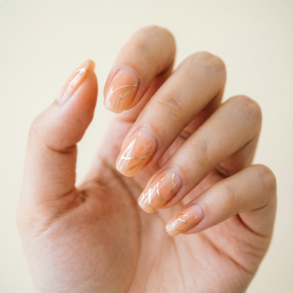 Uñas con degradado baby boomer y finas líneas doradas alzada.