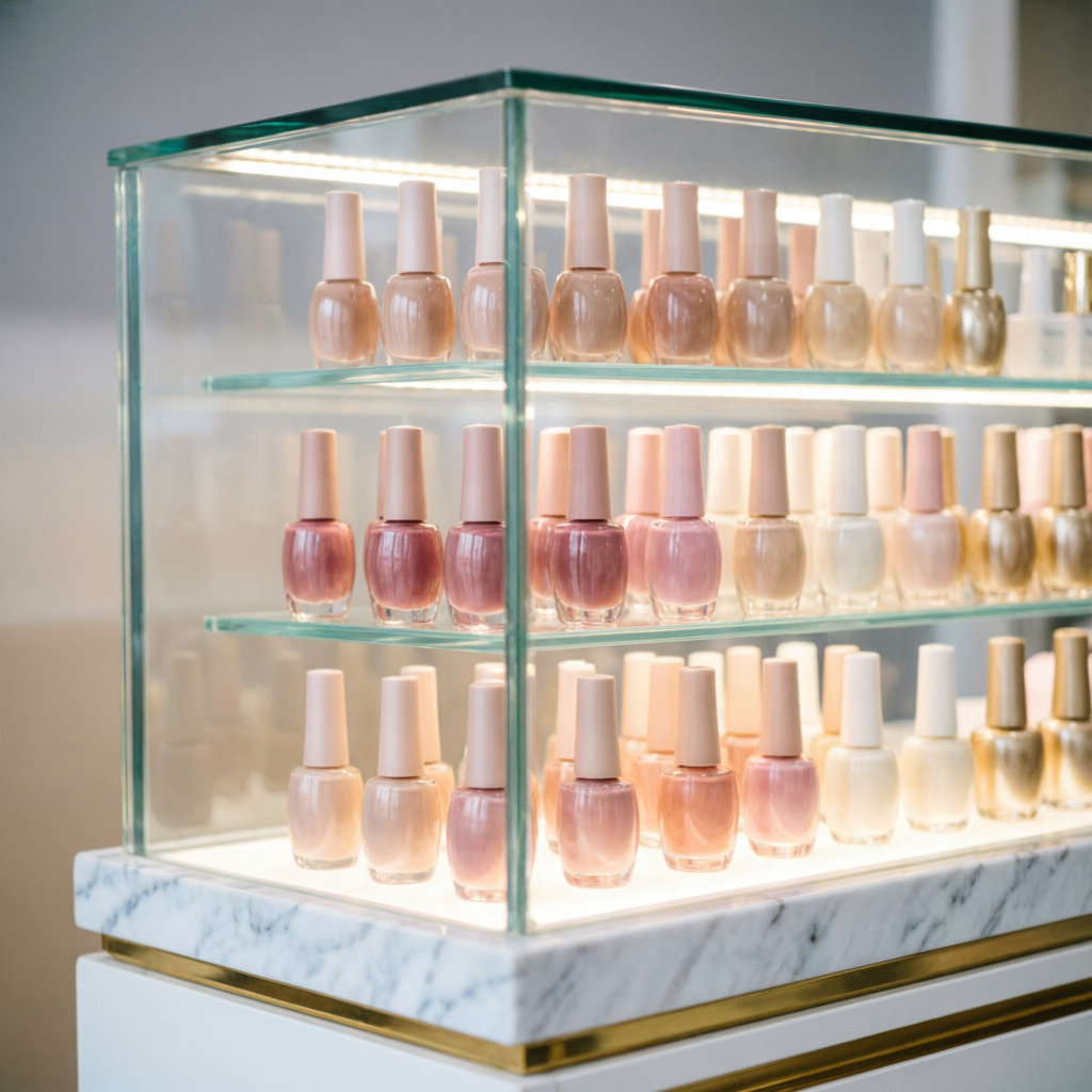 Vitrina iluminada con esmaltes en tonos nude, blush y champagne.