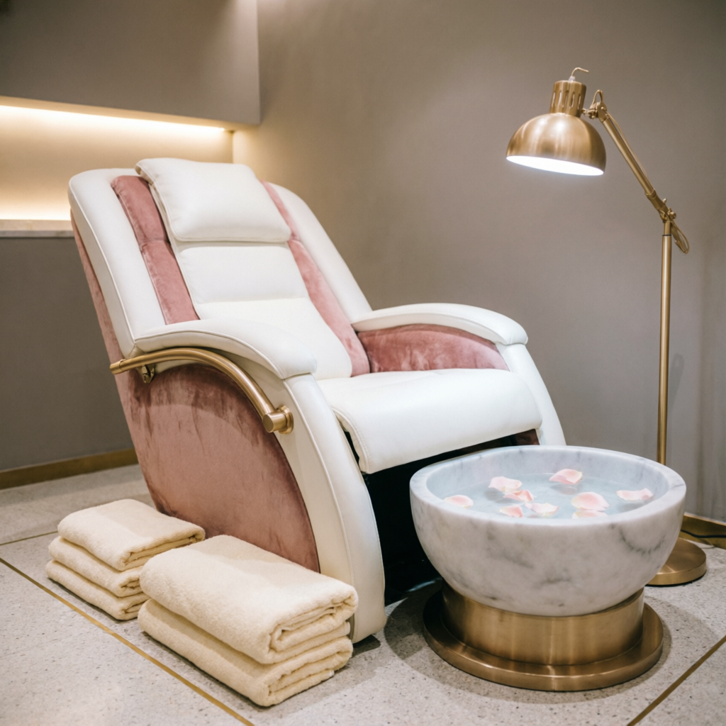 Cabina de pedicura spa con sillón blanco, terciopelo rosa y tina de mármol con pétalos.