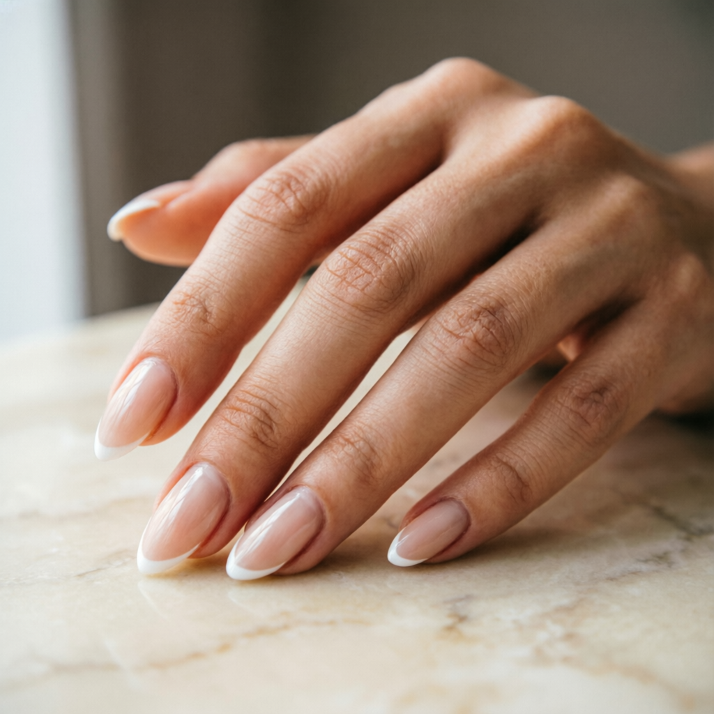 Uñas con francesita moderna de línea blanca ultrafina sobre base lechosa.