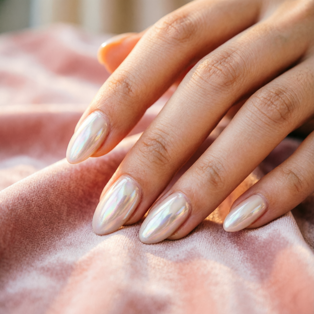 Uñas almendra con efecto glazed donut perlado iridiscente sobre terciopelo rosa.
