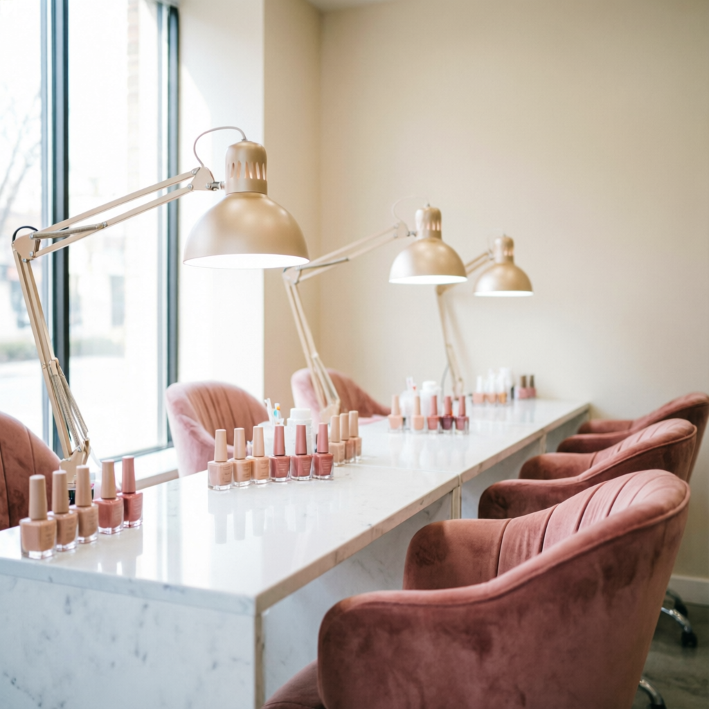 Mesas de manicura de mármol con lámparas doradas y esmaltes organizados.