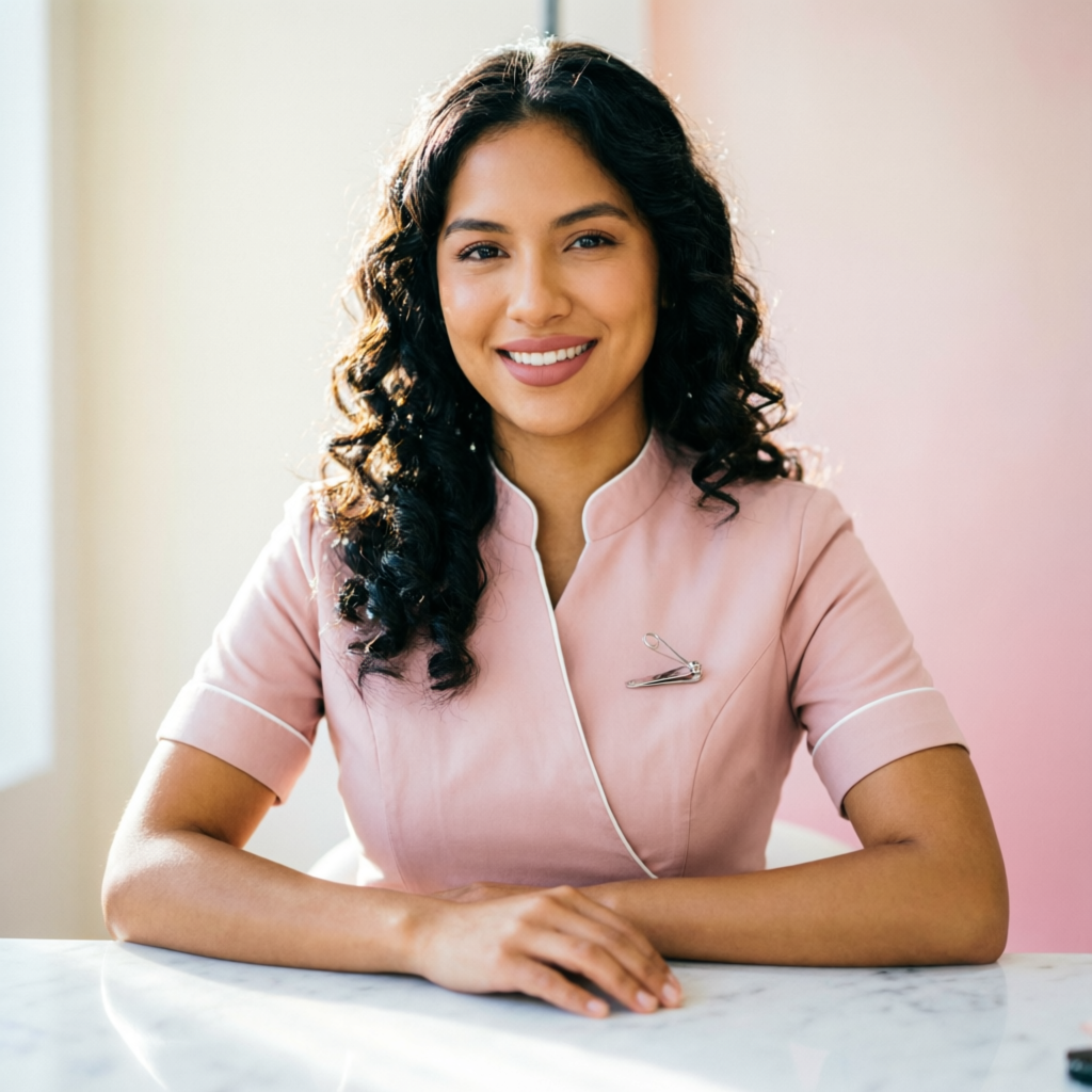 Retrato de Valeria Garza sonriendo en su estación de manicura.