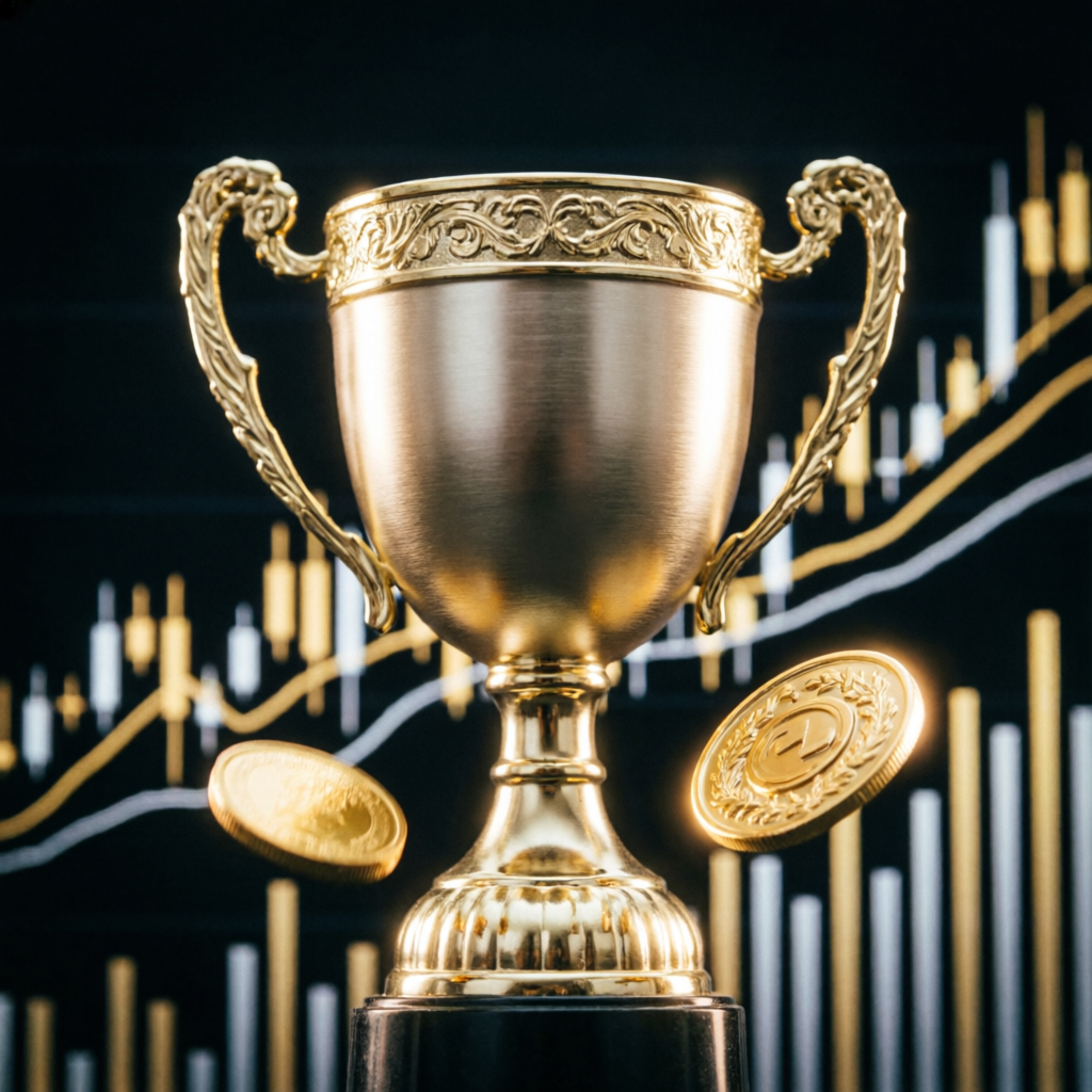 Golden trophy representing successful prop firm challenge completion and funded account achievement