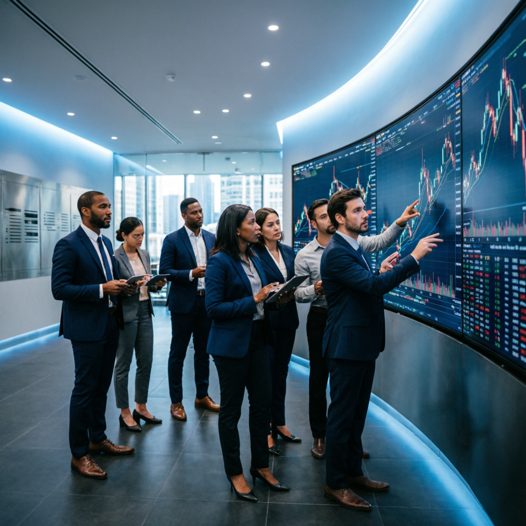 Professional trading team analyzing charts and market data in modern trading floor
