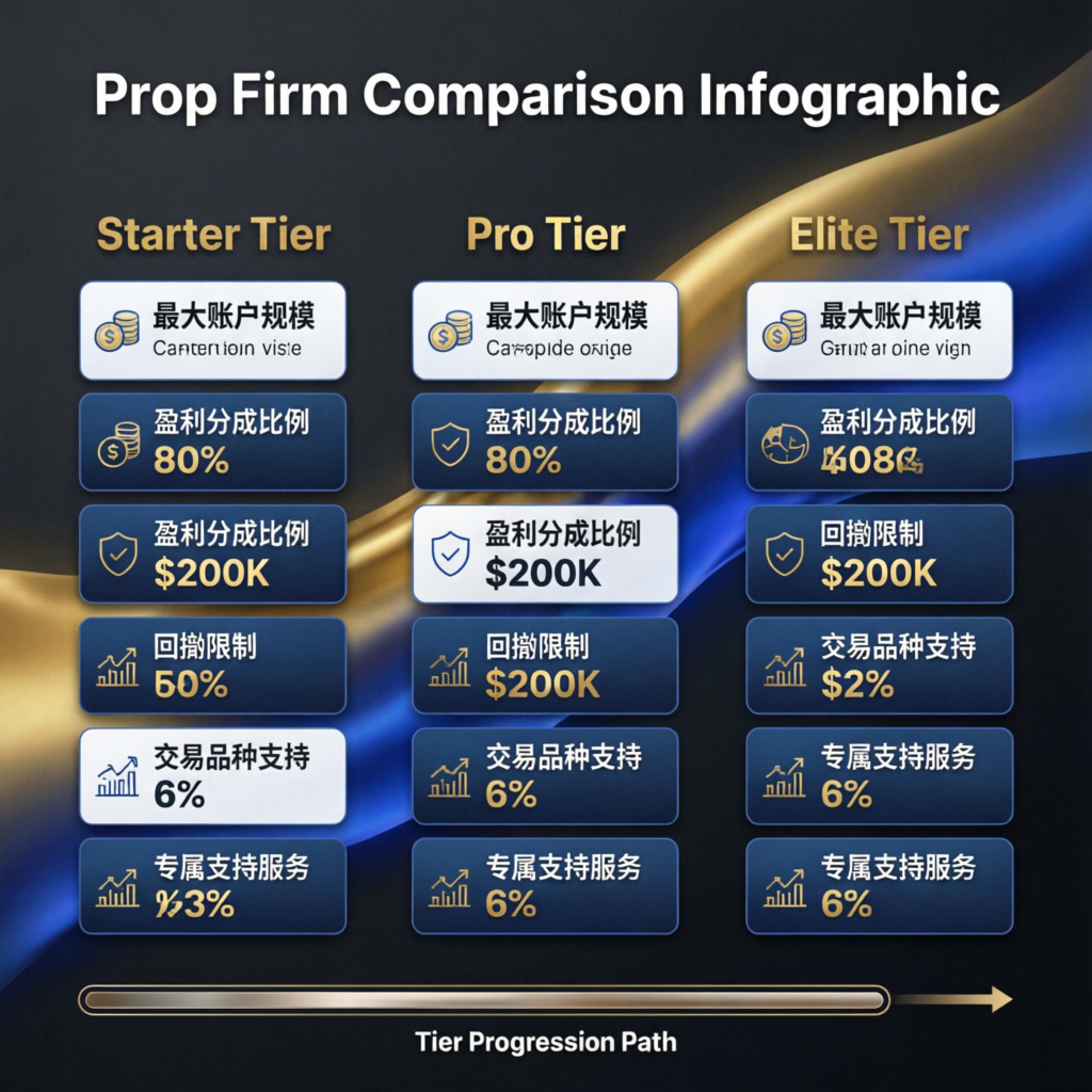 Prop firm comparison infographic showing different account tiers and features