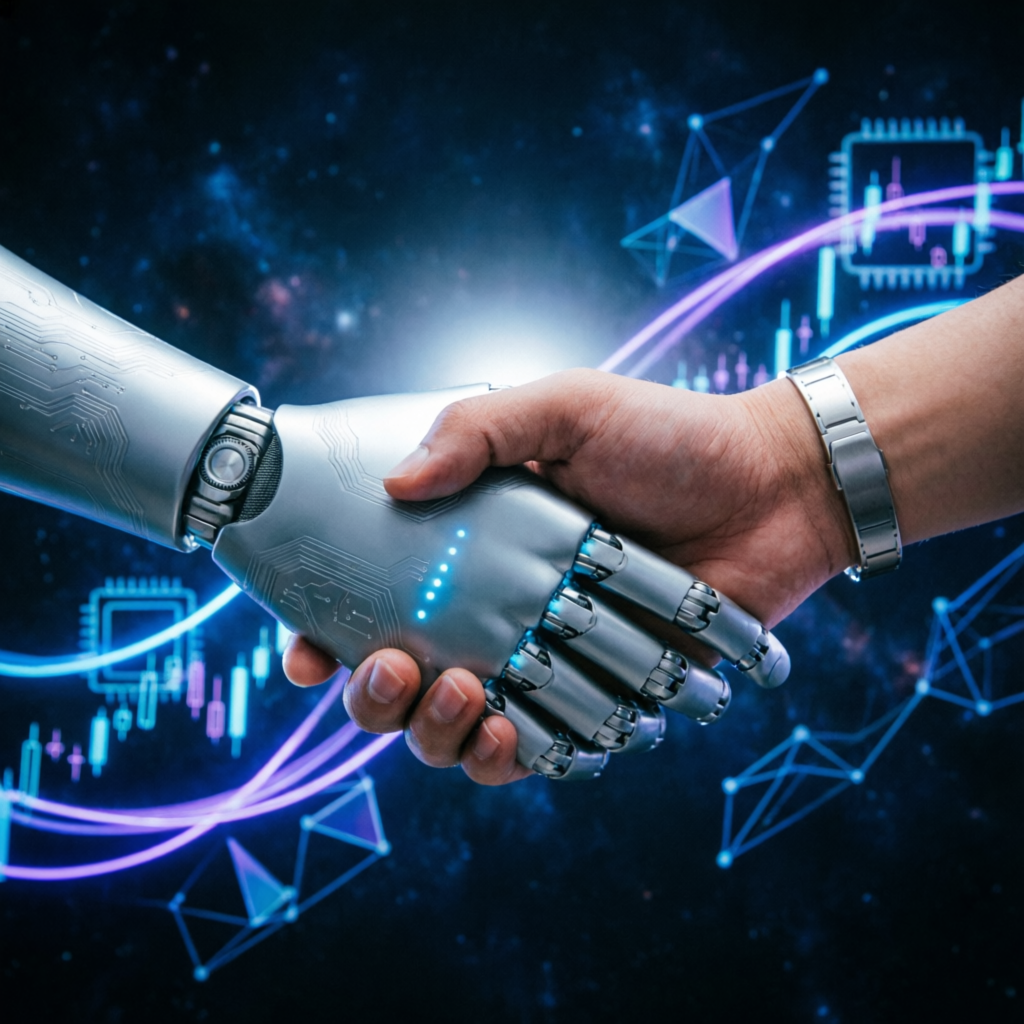 AI robot hand shaking human hand symbolizing AI-human collaboration in trading