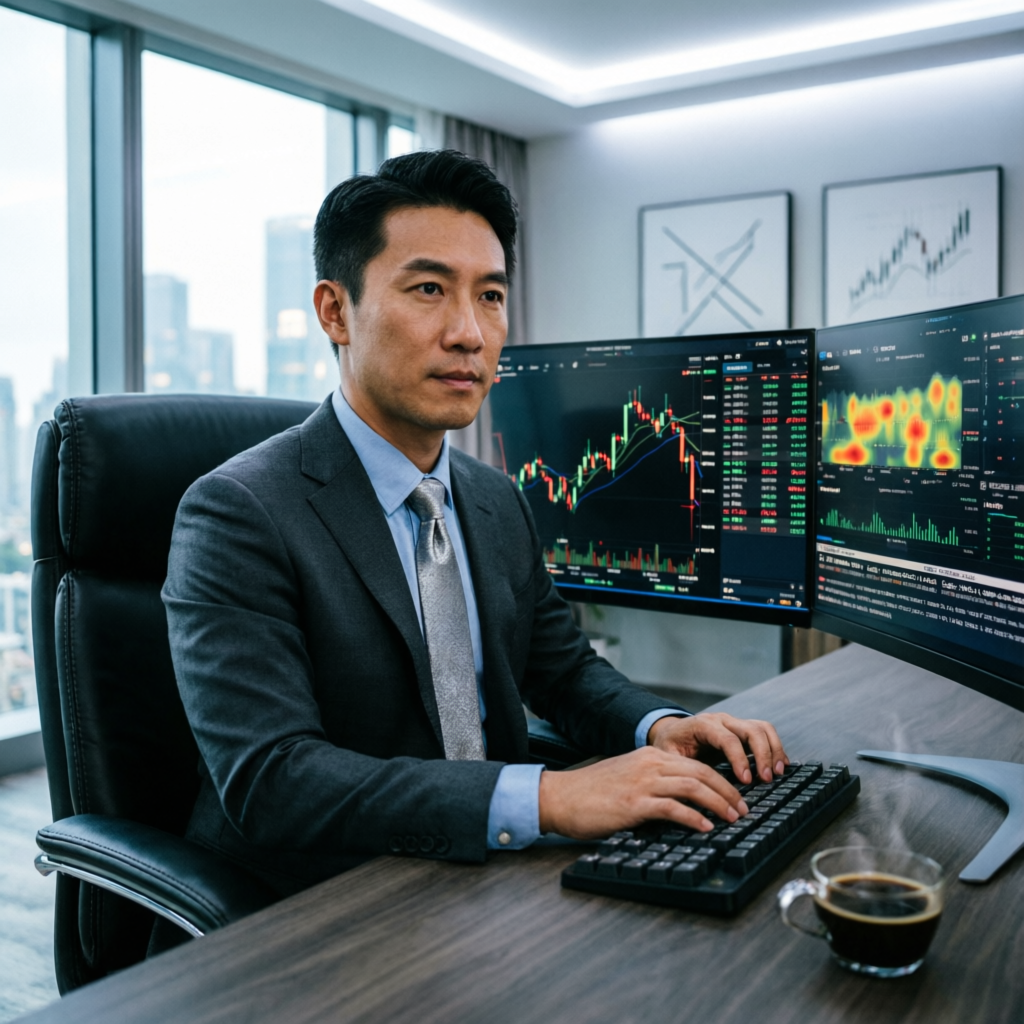 Professional forex trader analyzing multiple trading charts on monitors in modern office