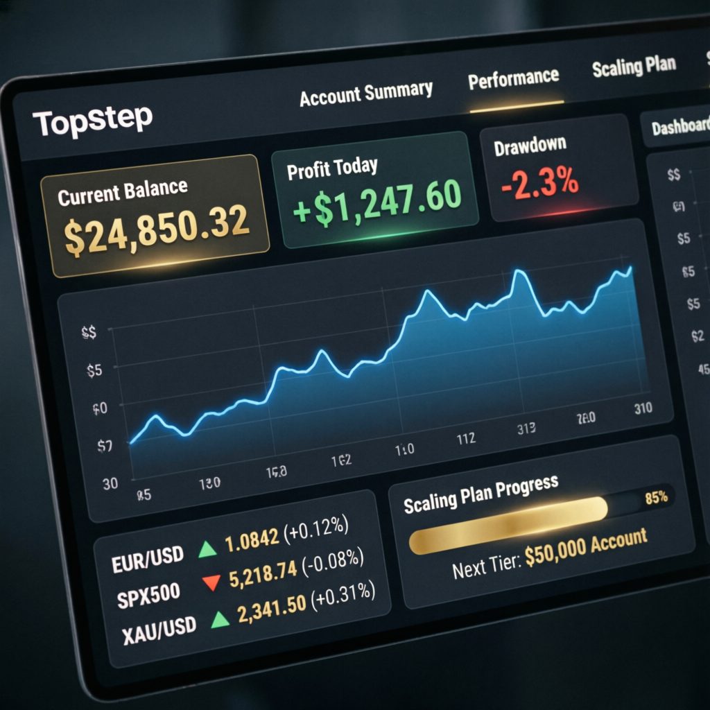 Topstep trading platform dashboard showing account summary, performance metrics, and scaling plan progress