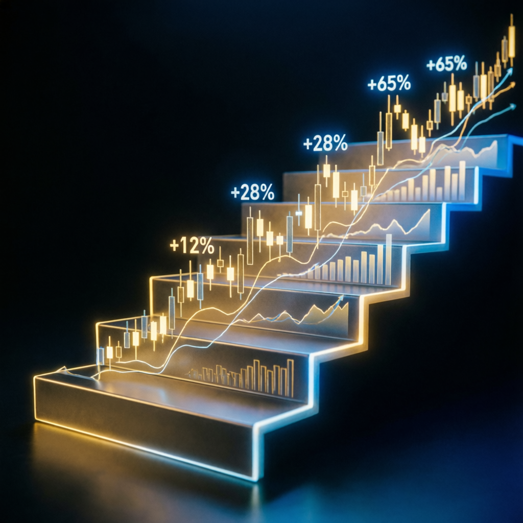 Scaling plan growth visualization with ascending staircase and profit milestones