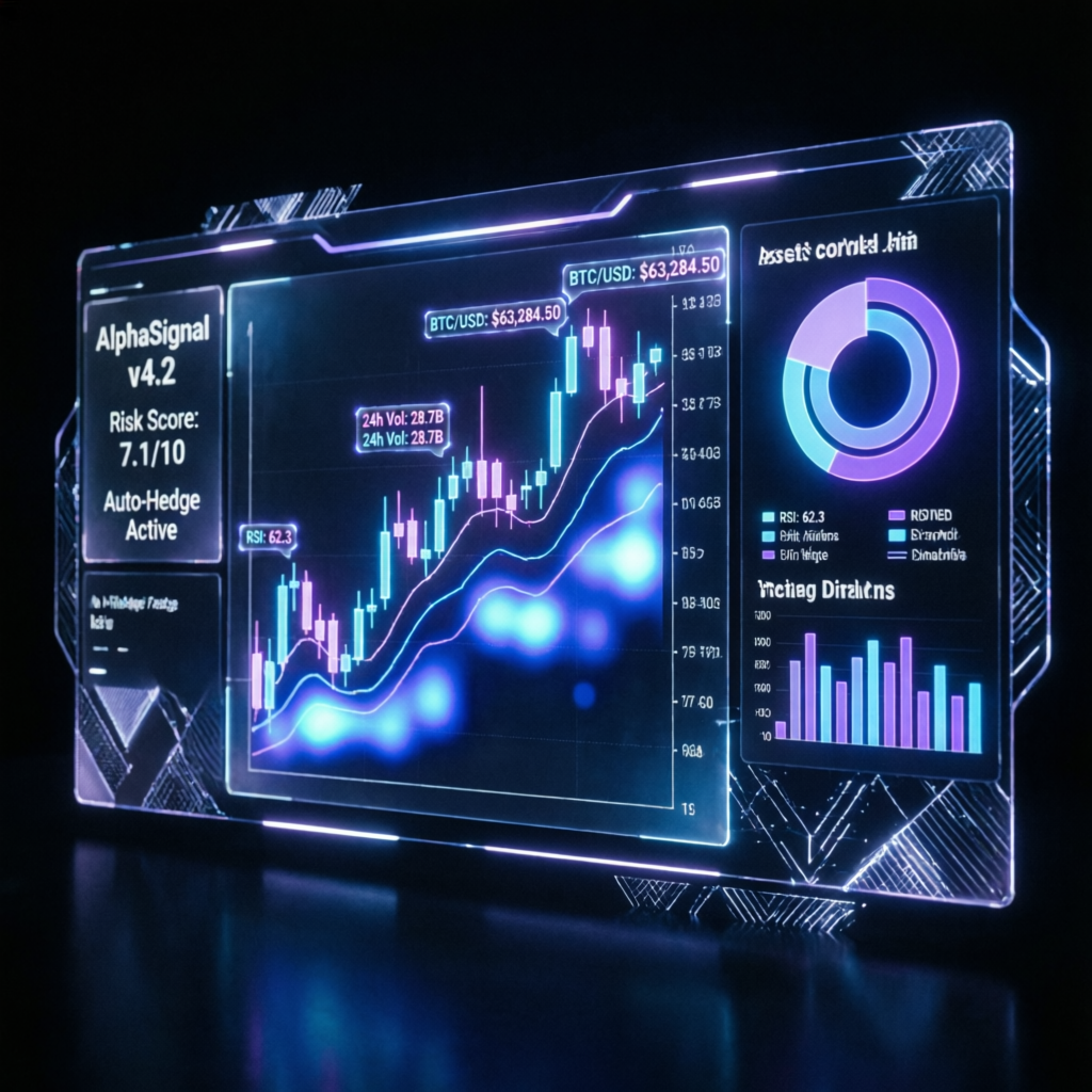 Futuristic AI trading dashboard with holographic charts - Topstep prop firm platform visualization
