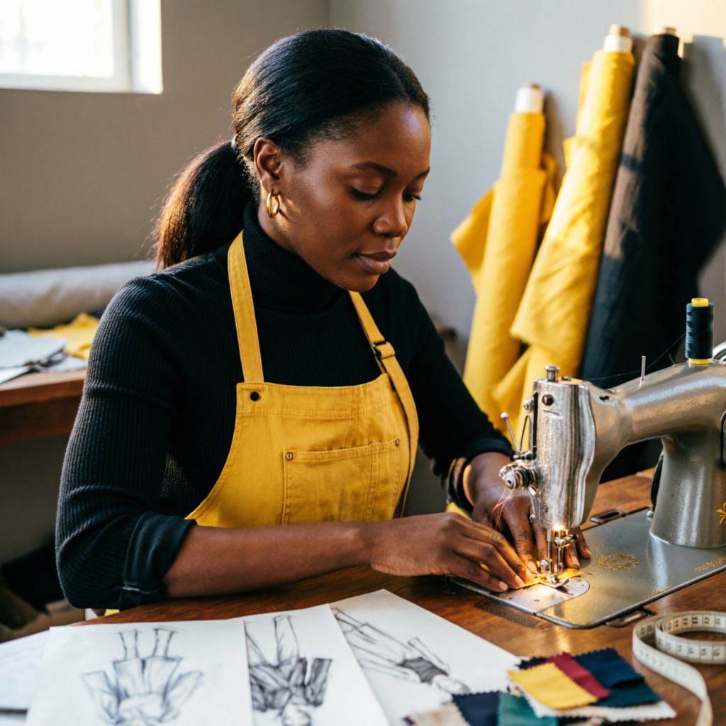 MME Giant Designers founder at the sewing machine