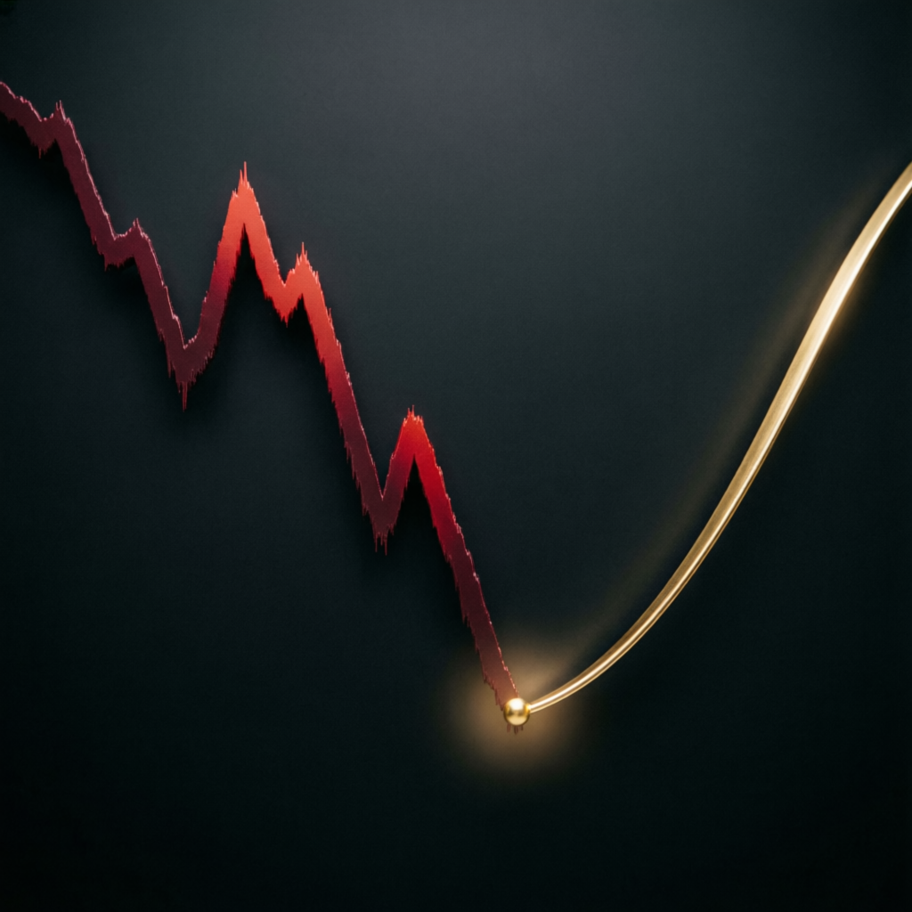 Visualization of trading drawdown with descending red line and golden recovery curve