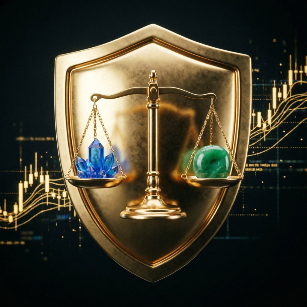 Golden shield with balance scales representing risk management and drawdown protection in prop trading