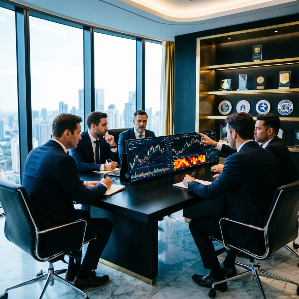Professional trading team analyzing Apex Trader Funding portfolio results
