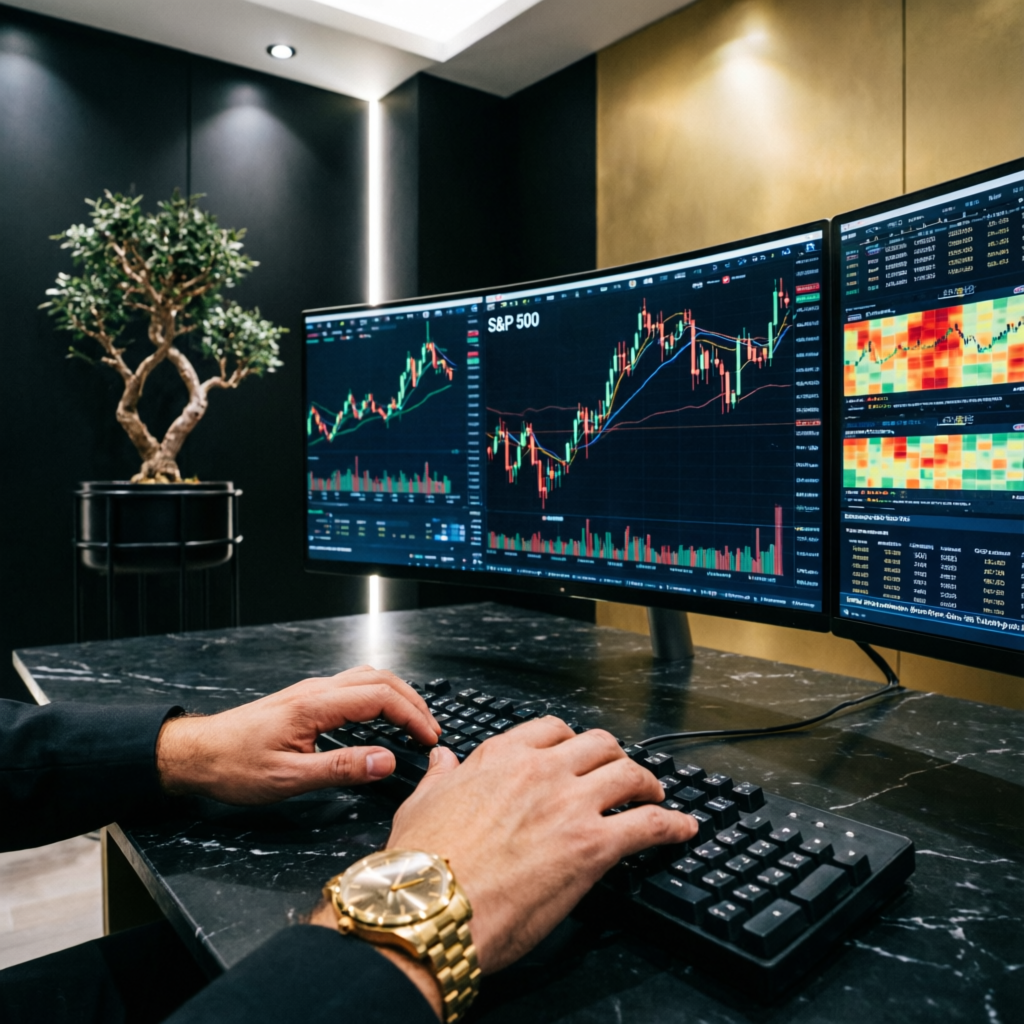 Trader hands on keyboard managing funded account with multiple monitors