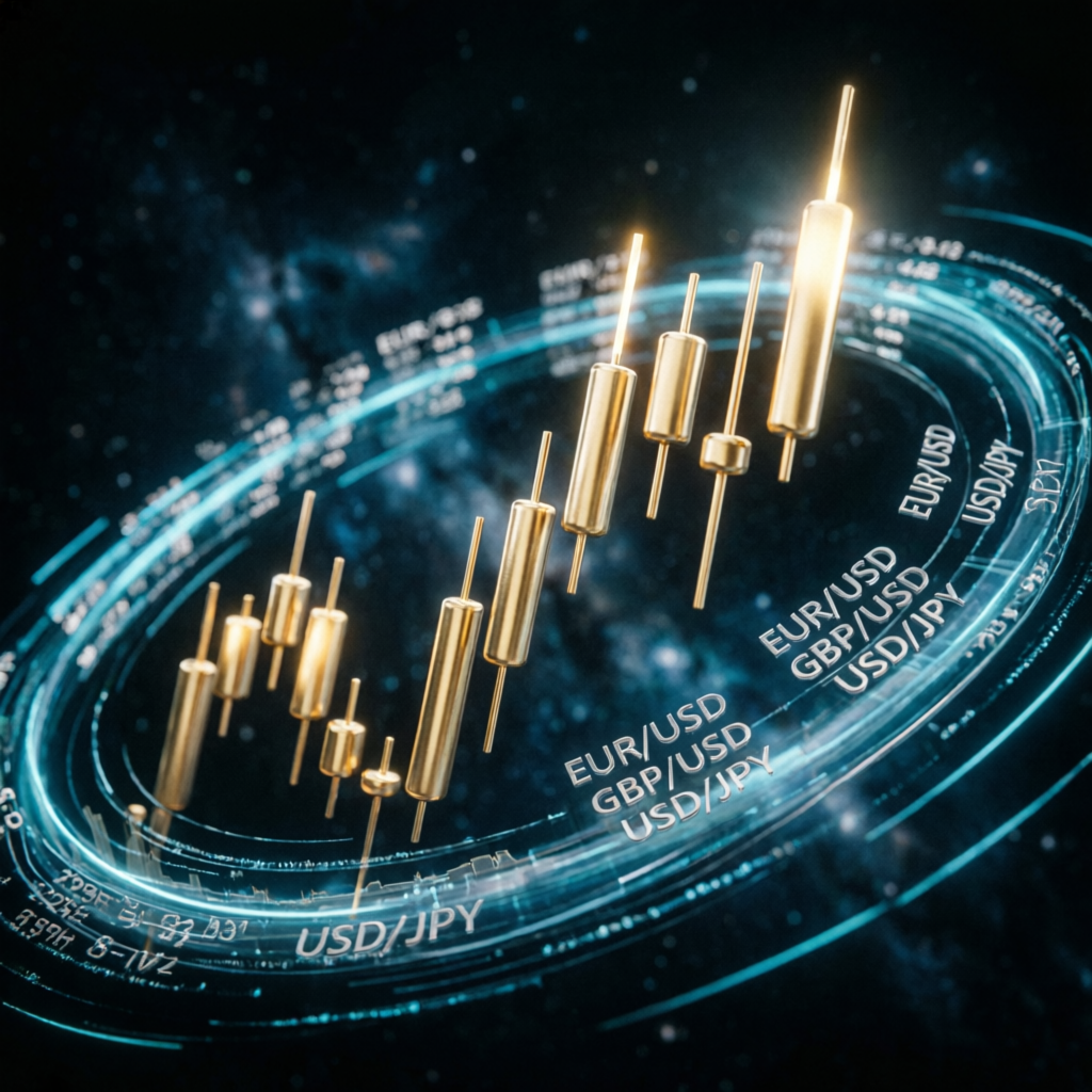 Futuristic forex market visualization with golden candlestick charts representing trading limits