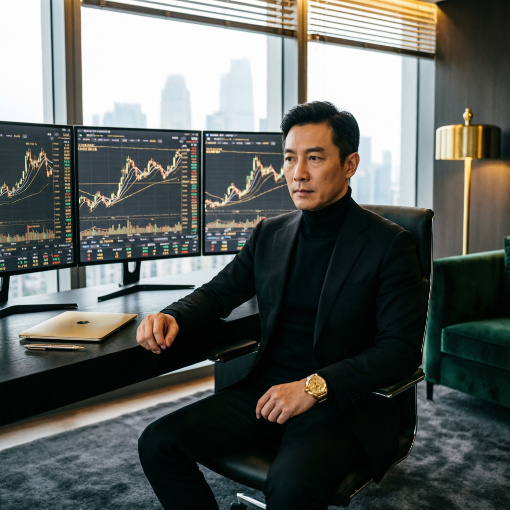 Professional forex trader analyzing Apex Trader Funding drawdown rules in luxury office