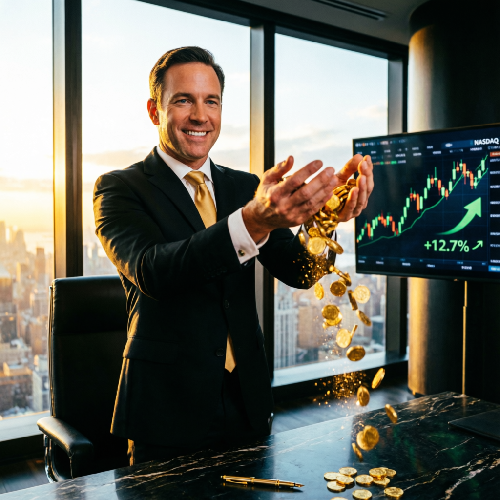 Successful trader celebrating profits with gold coins representing Apex Trader Funding payouts
