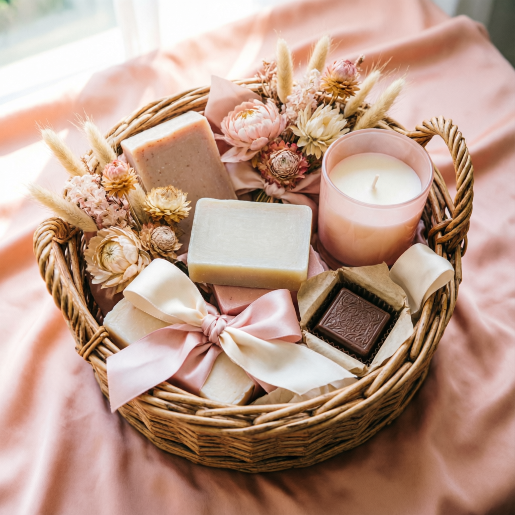 Handmade customised gift hamper with soaps candles and dried flowers