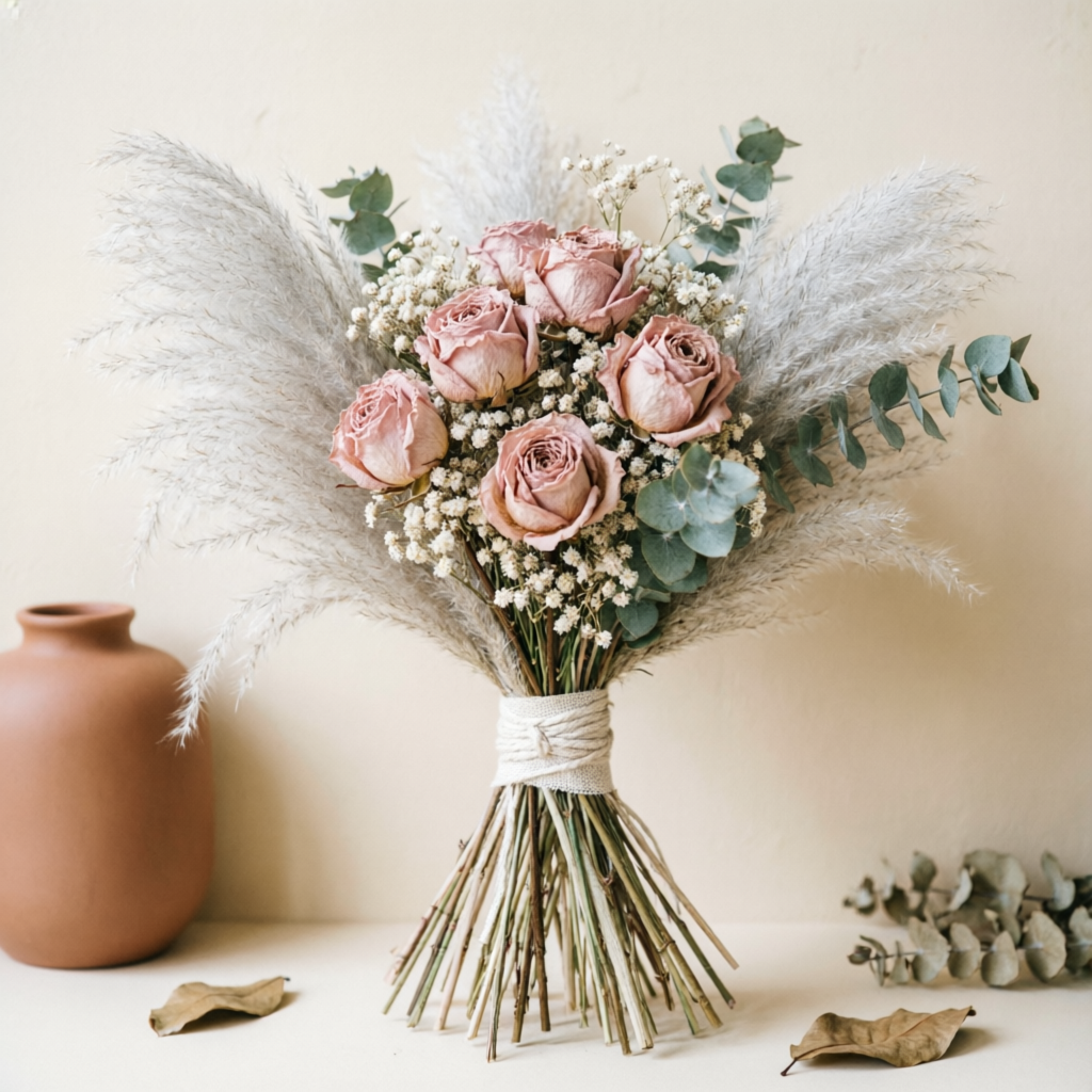 Handmade decorative dried flower bouquet with pampas grass