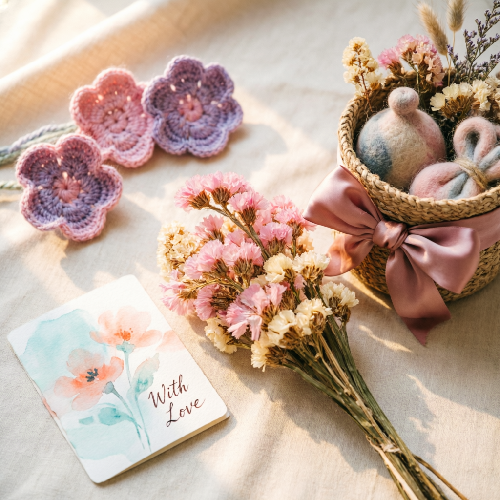 Nazae-Khasiva handmade collection flat lay with crochet flowers cards and dried bouquets