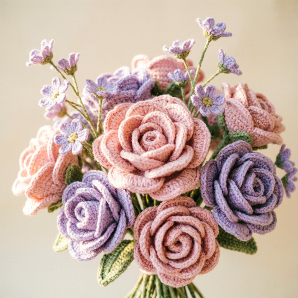 Beautiful handmade crochet flowers bouquet in pastel colors