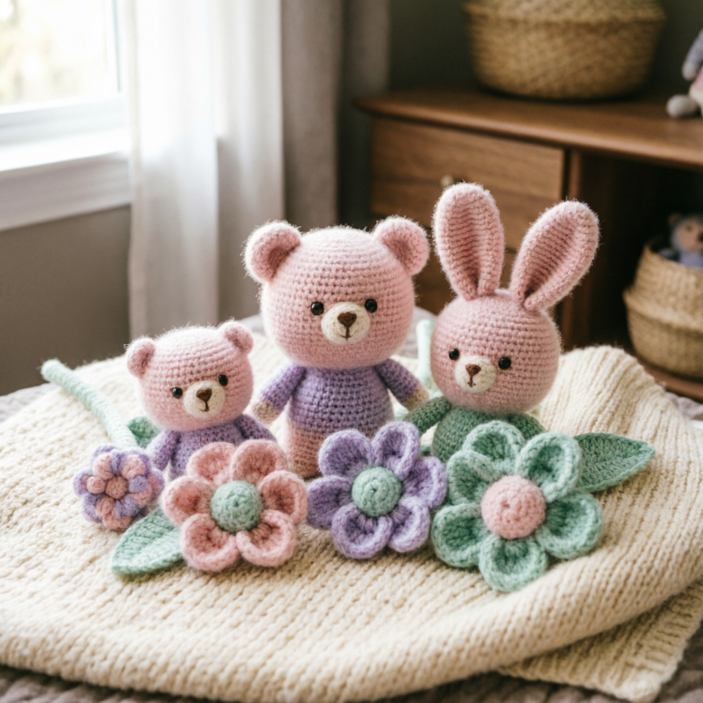 Handmade crochet amigurumi bears bunnies and flowers