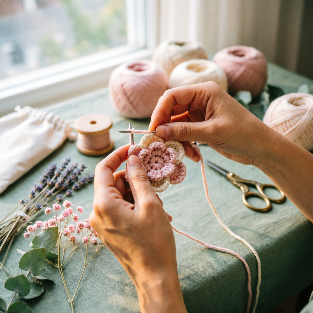 Handmade crochet flower crafting process at Nazae-Khasiva