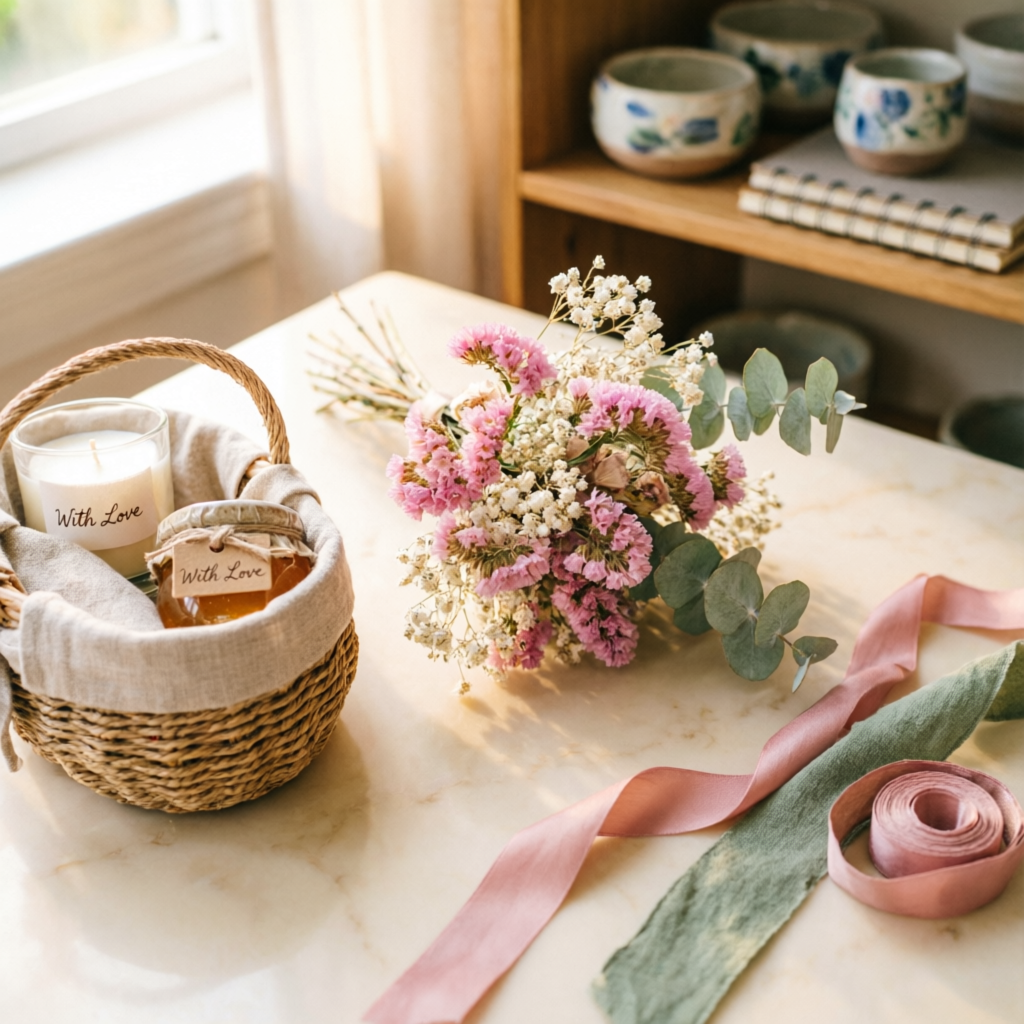 Handmade craft supplies and dried flower arrangement