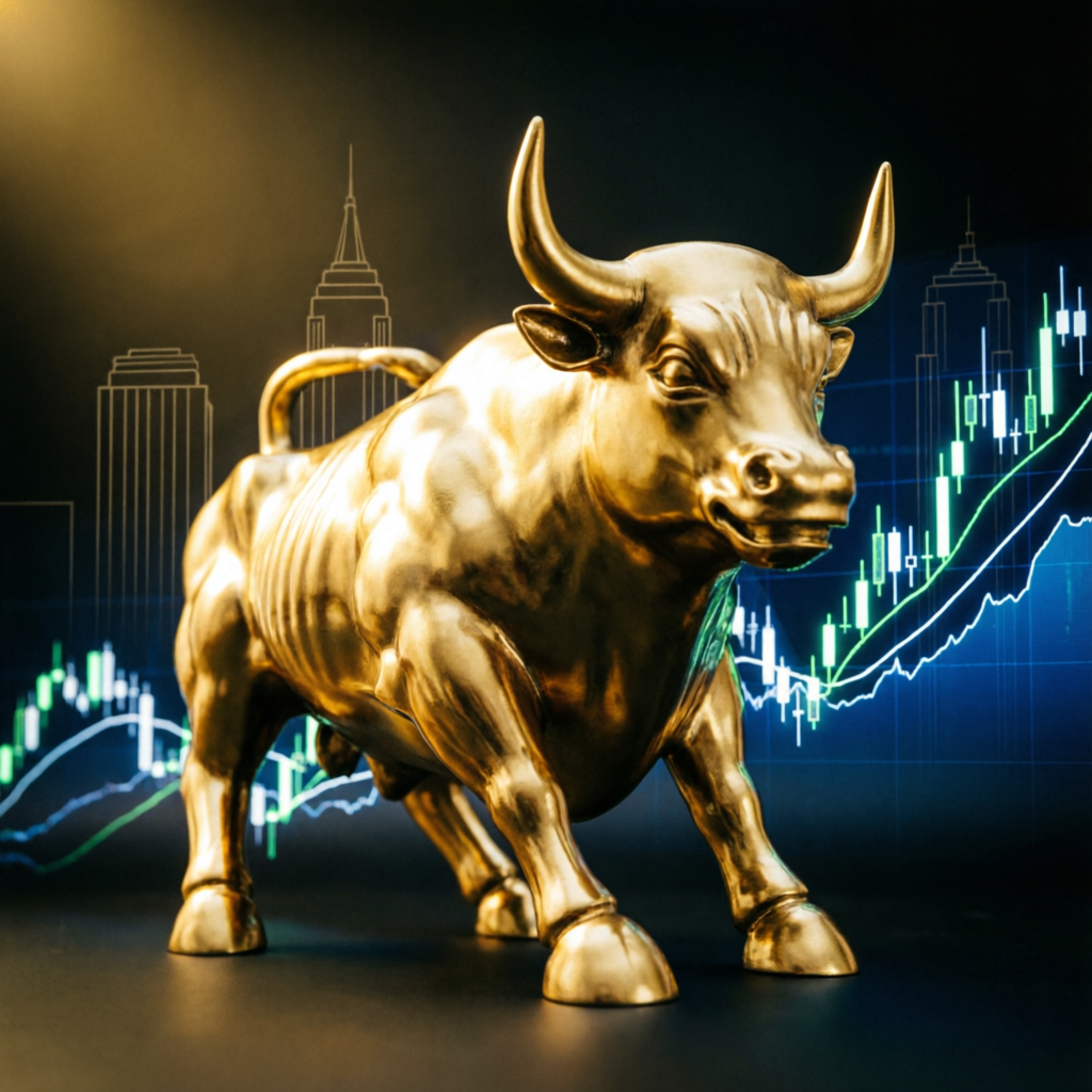 Golden Wall Street bull symbolizing financial authority and premium trading service