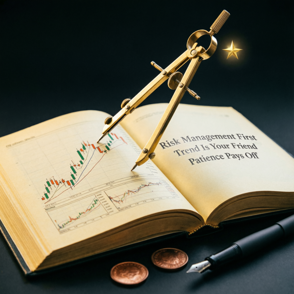 Trading education book with risk management principles and golden compass